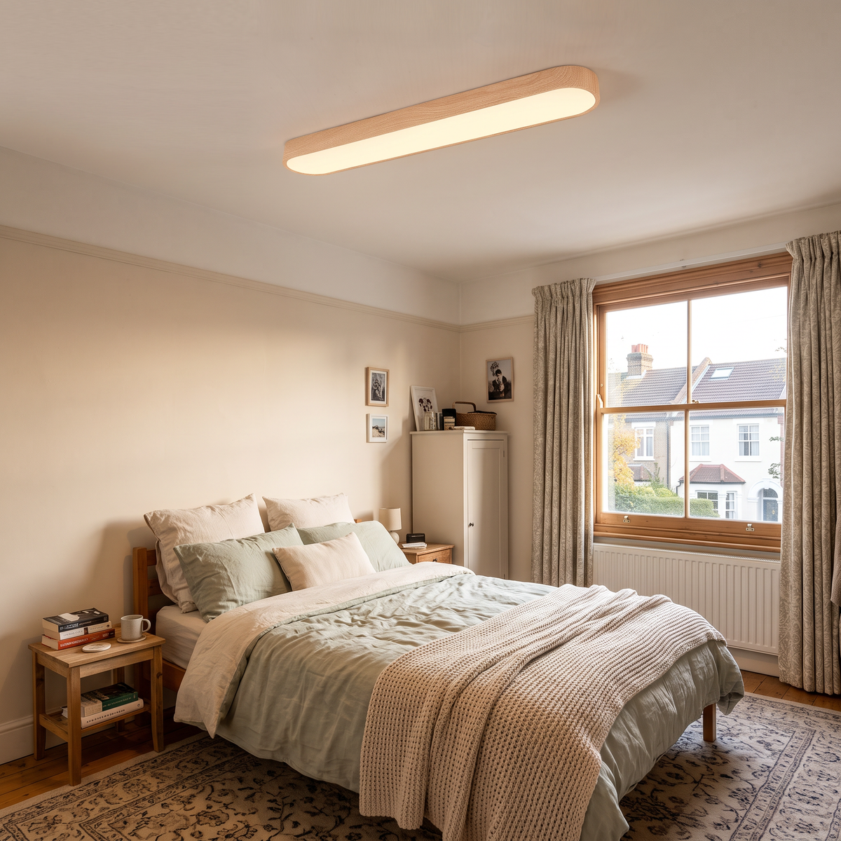 Elodie oval LED ceiling light above a double bed in a UK bedroom