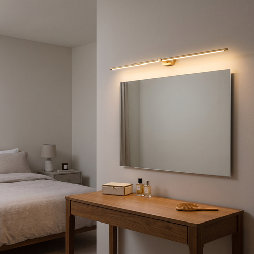 Valentina gold LED wall light – lit above a dressing table mirror