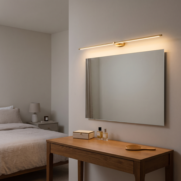 Valentina gold LED wall light – lit above a dressing table mirror