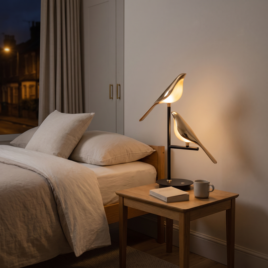 Avelle gold bird table lamp – glowing on a bedside table
