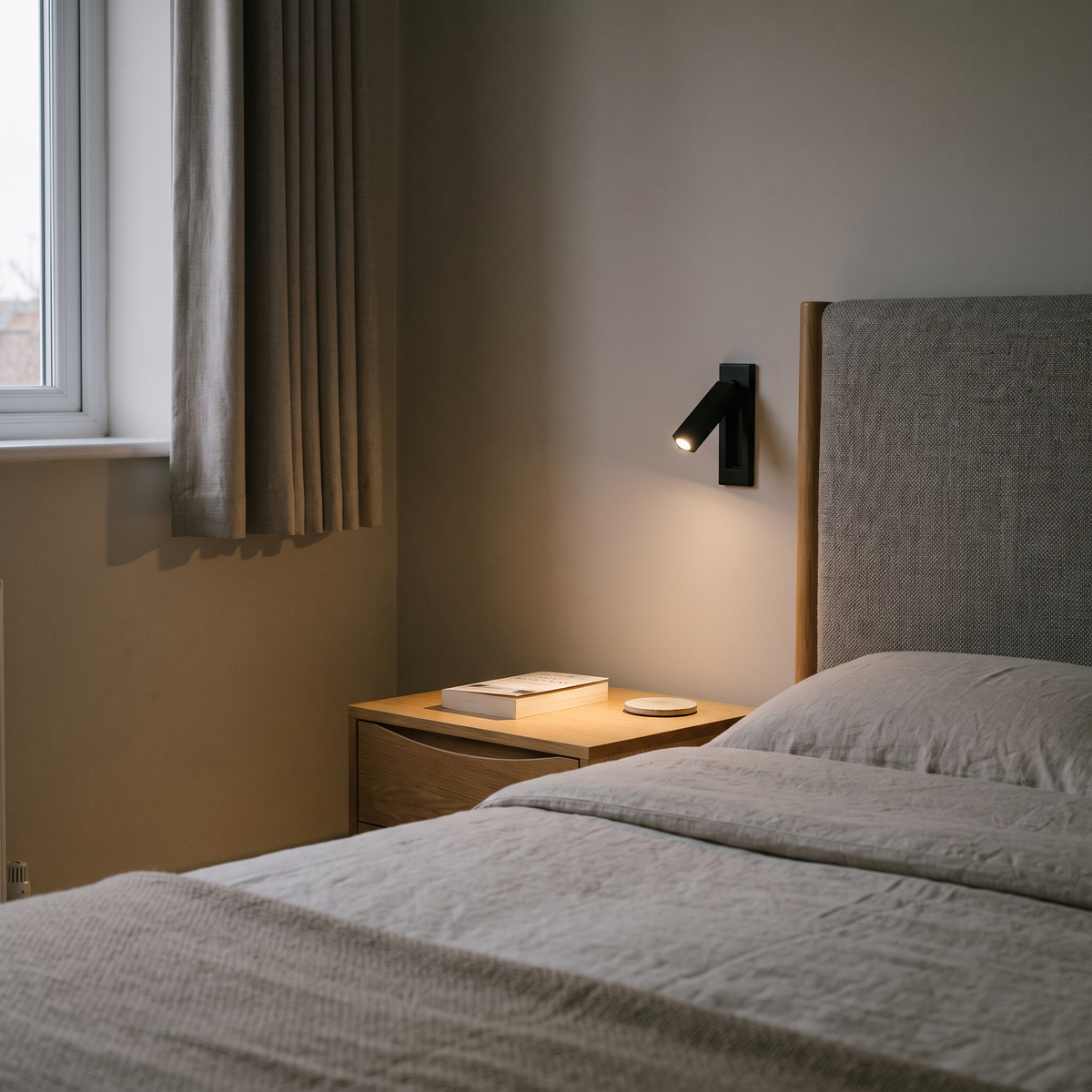 Lorenzo flush bedside reading light – matt black, lit beside a bed