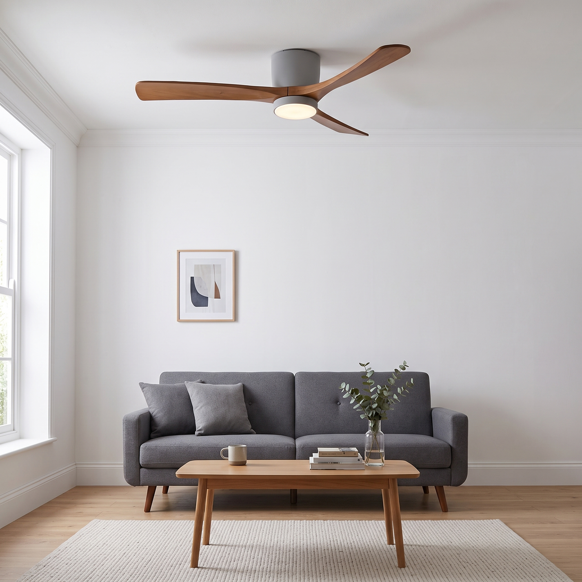 Soren wooden ceiling fan light – on a living room ceiling
