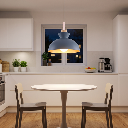 Solene blue dome pendant – glowing above a small kitchen table