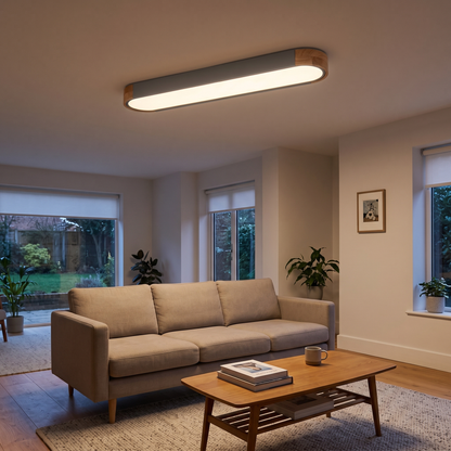Imogen oval LED ceiling light – glowing on a living room ceiling