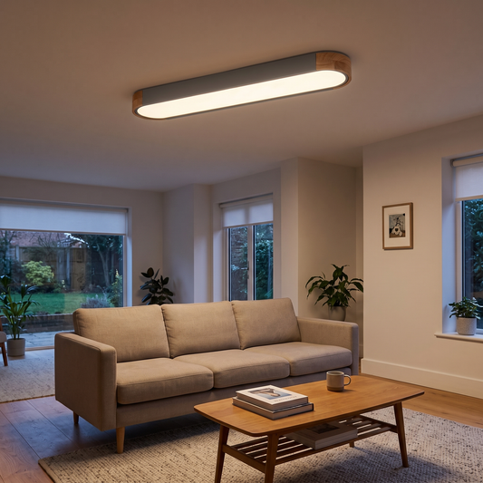 Imogen oval LED ceiling light – glowing on a living room ceiling