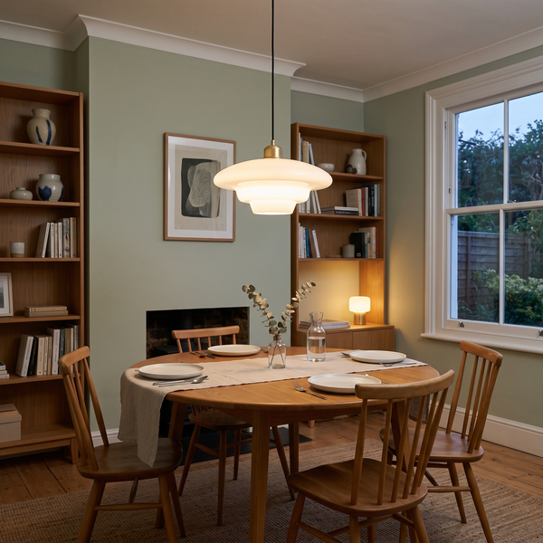 Brassa milk glass pendant – glowing above a round dining table