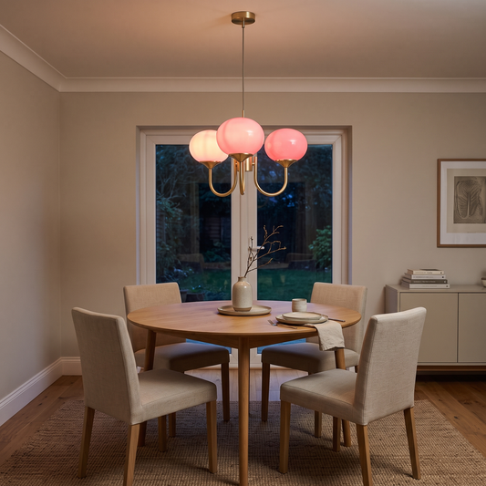 Margaux pink glass chandelier – glowing above a round dining table