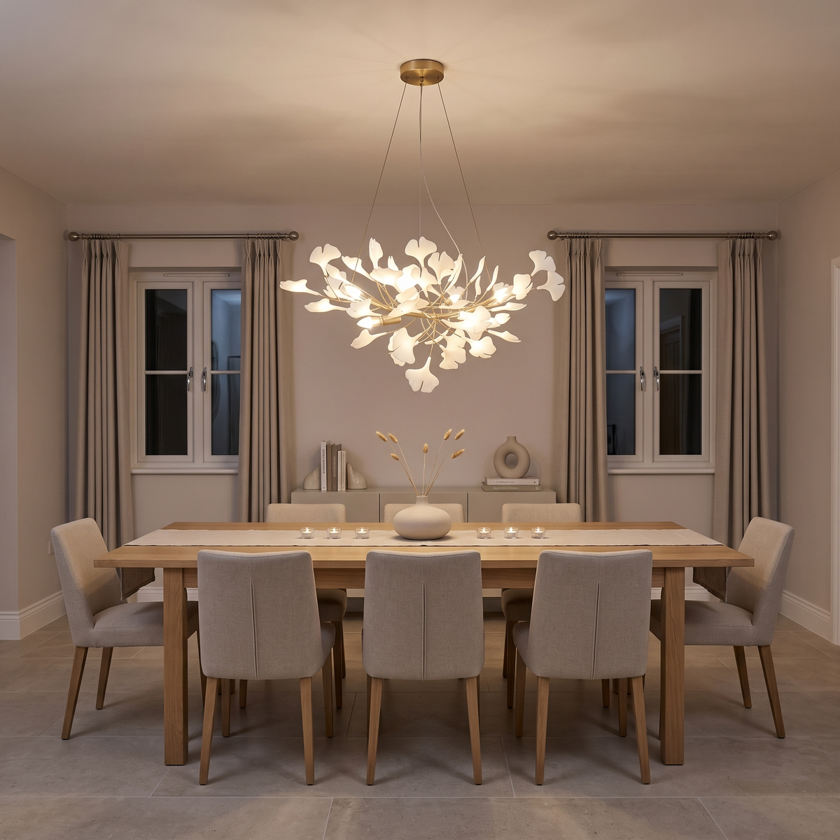 Seraphina ginkgo chandelier – glowing above a dining table
