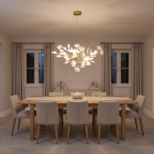 Seraphina ginkgo chandelier – glowing above a dining table