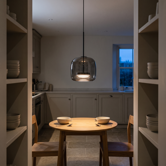 Dante smoked glass pendant – glowing above a small kitchen table