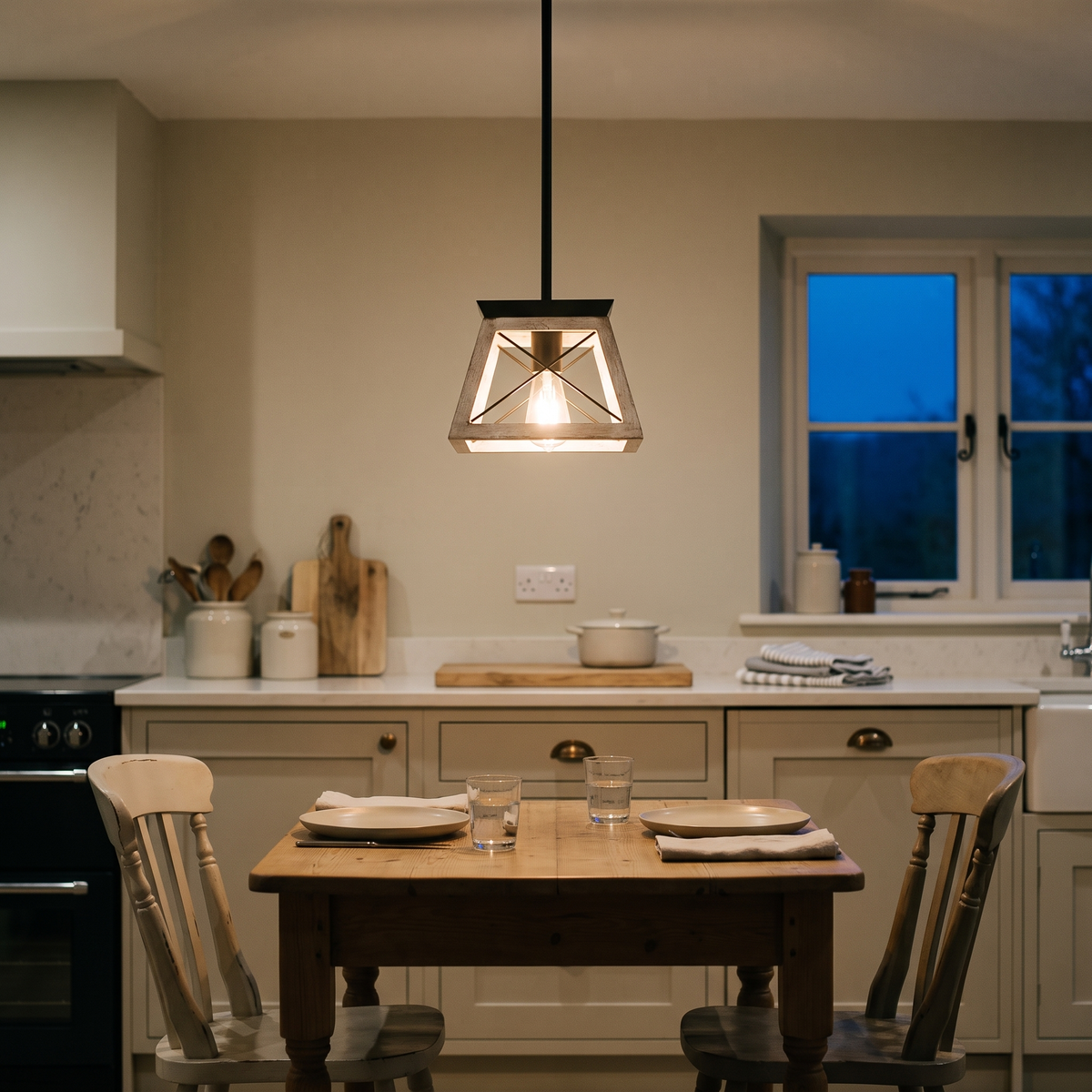 Horatio square cage pendant – glowing above a farmhouse kitchen table