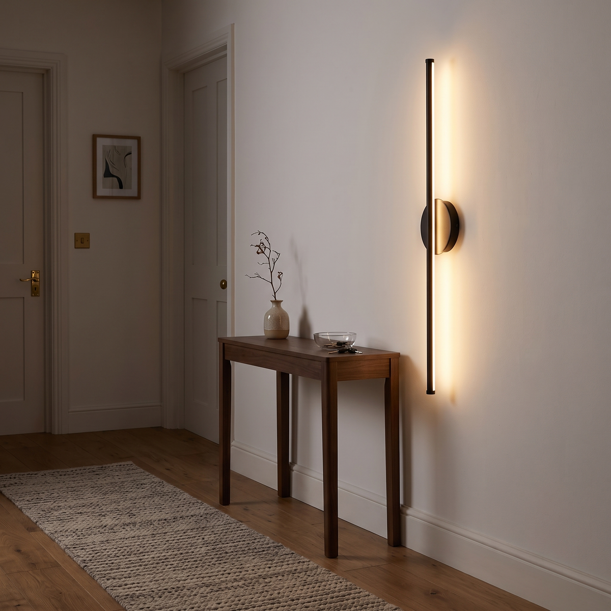 Sebastian black linear wall light – glowing in a hallway