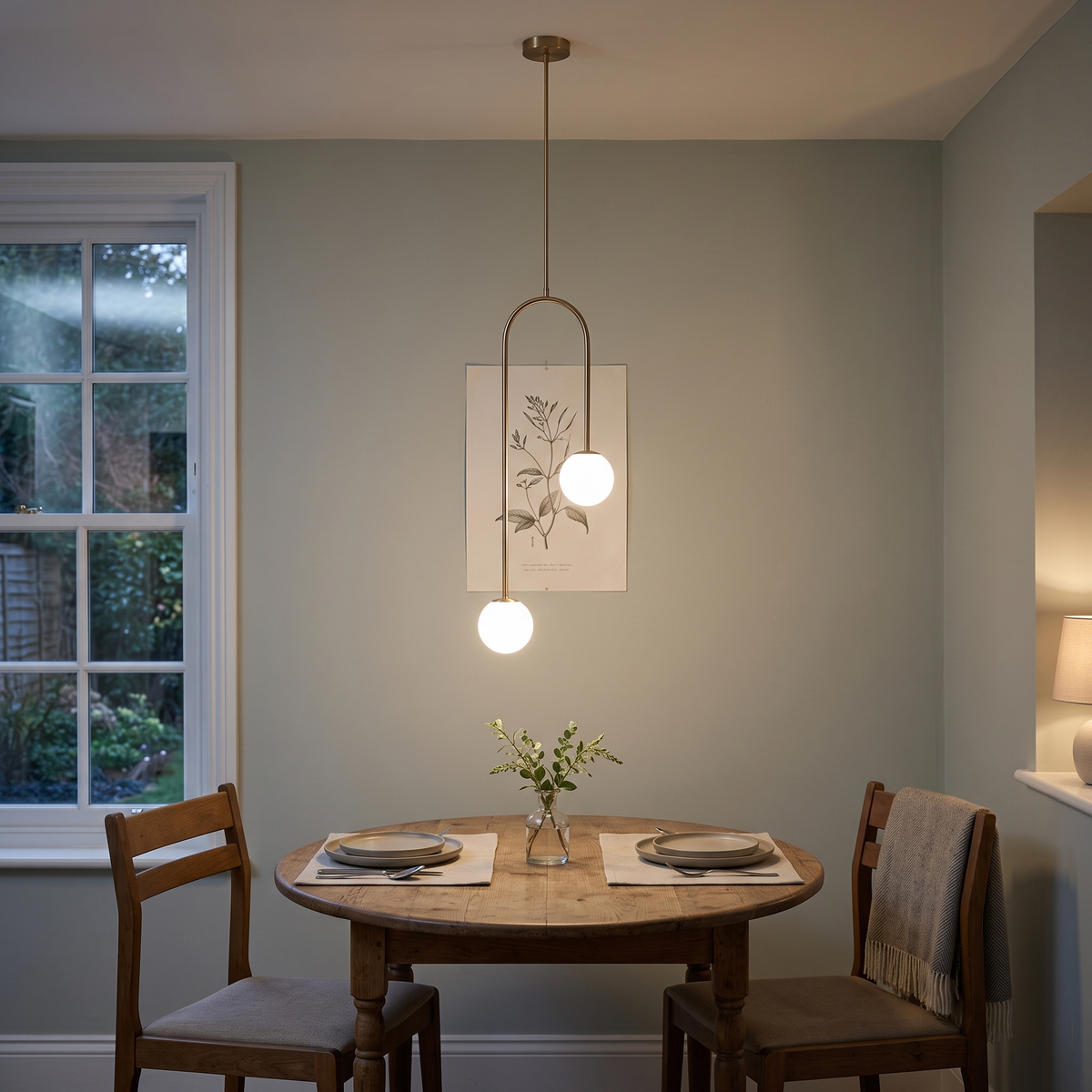 Mirabel twin globe pendant – glowing above a small dining table