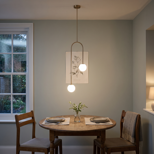 Mirabel twin globe pendant – glowing above a small dining table