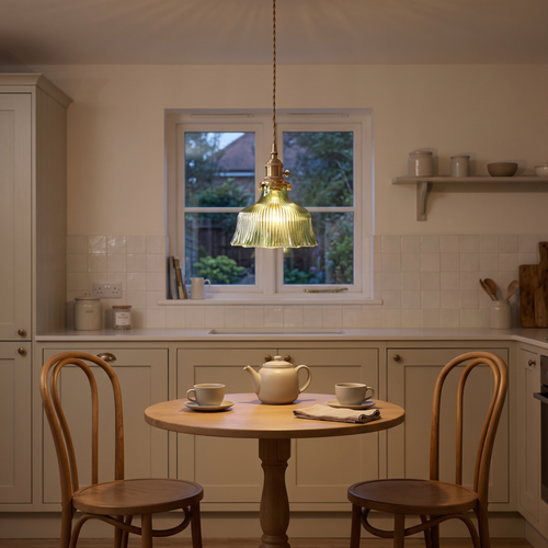 Rosalie green flower glass pendant – glowing above a bistro table