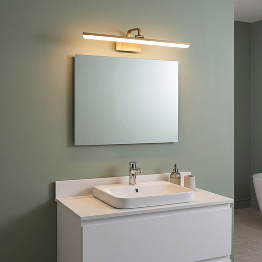 Cosima gold LED vanity light – glowing above a bathroom mirror