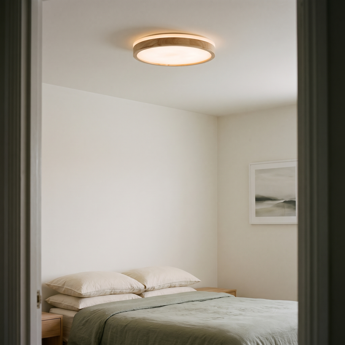Liliana round wood LED ceiling light – glowing on a bedroom ceiling