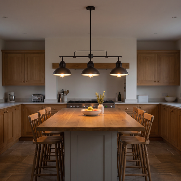 Benedict 3-light dome island pendant – glowing above a kitchen island