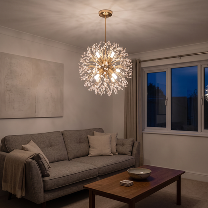Delphine gold firework chandelier – sparkling in a living room