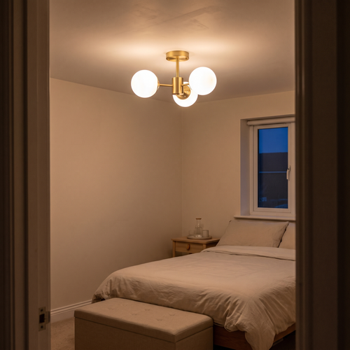 Gabriella brass sputnik ceiling light – glowing in a bedroom