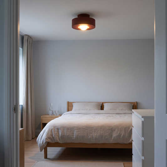 Ottilie red resin ceiling light – glowing in a bedroom
