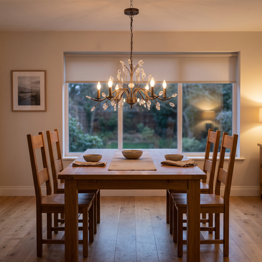 Leonora rustic candle chandelier – glowing above a dining table