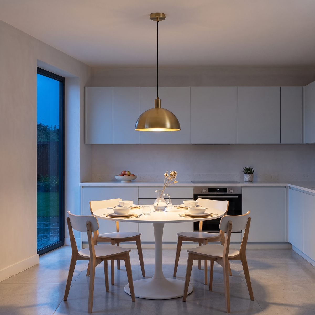Vincenzo brass dome pendant – glowing above a kitchen table