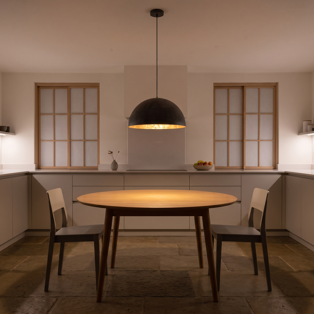 Octavia dome pendant with gold interior – glowing above a kitchen table