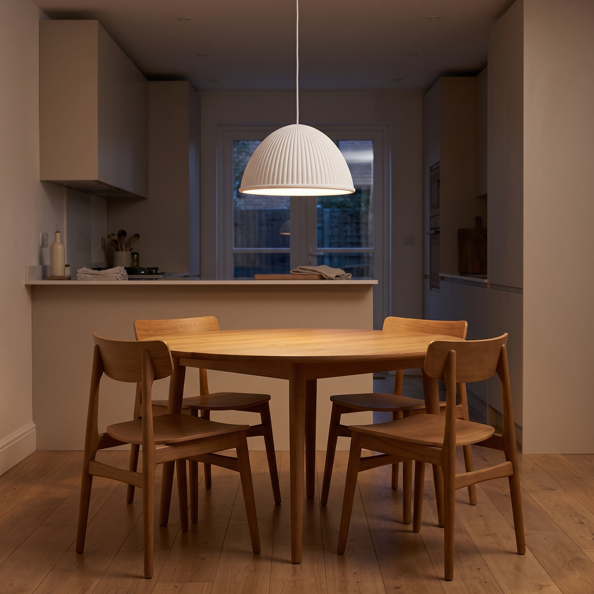 Soraya white ribbed dome pendant – glowing above a kitchen table