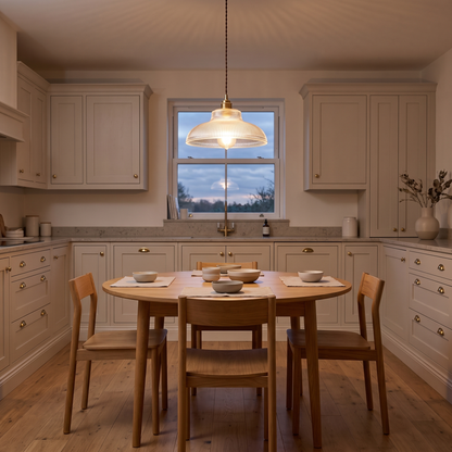 Estella ribbed glass pendant – glowing above a kitchen table