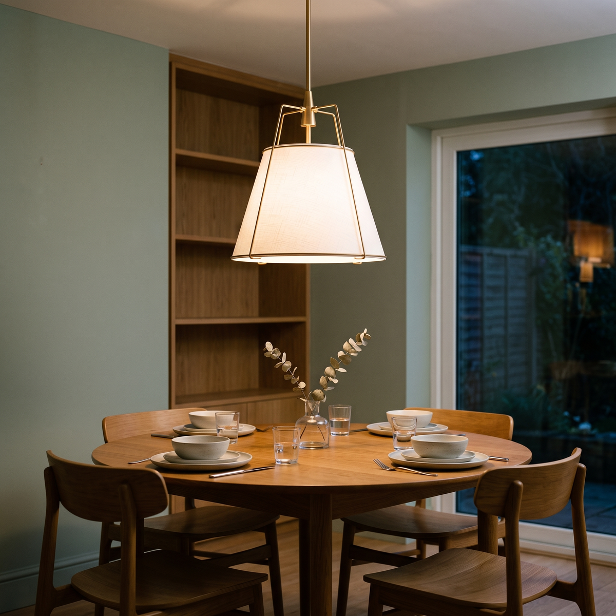 Ophelia linen pendant – glowing above a round dining table