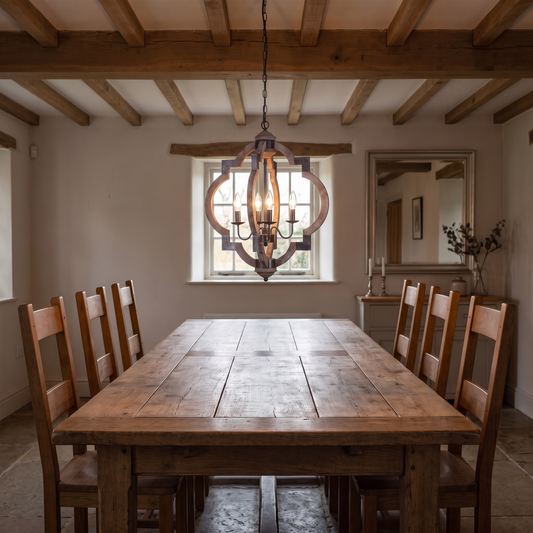 Percival wood lantern chandelier – glowing above a farmhouse table