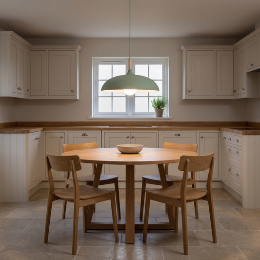 Romilly green dome pendant with wood accent – glowing above a kitchen table