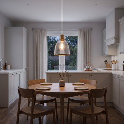 Sienna seeded glass pendant – glowing above a kitchen table
