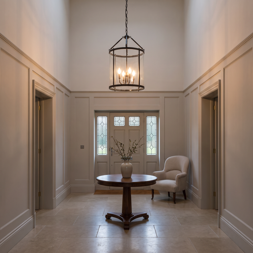 Tristan glass lantern chandelier – glowing in an entrance hall