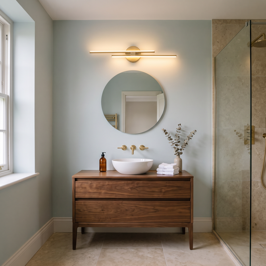 Priscilla gold linear wall light – glowing above a bathroom mirror