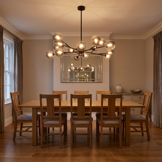 Paloma bubble chandelier – glowing above a dining table
