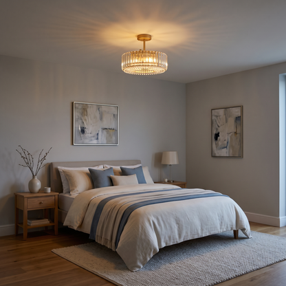 Tatiana gold crystal drum ceiling light – sparkling in a bedroom