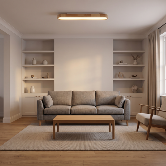 Viviane wood oval LED ceiling light – glowing in a living room