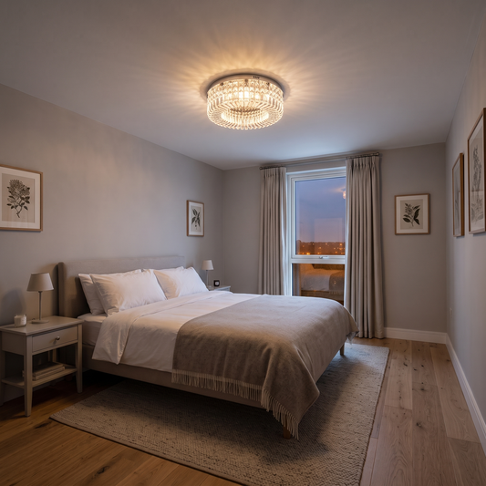 Celestine crystal ceiling light – sparkling in a bedroom