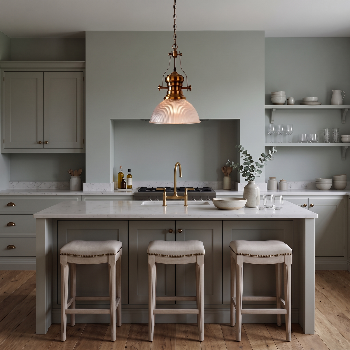 Everett ribbed glass pendant – glowing above a kitchen island