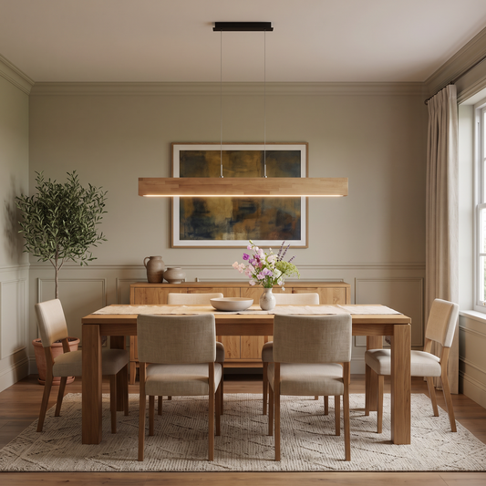 Florian wood linear LED pendant – glowing above a dining table
