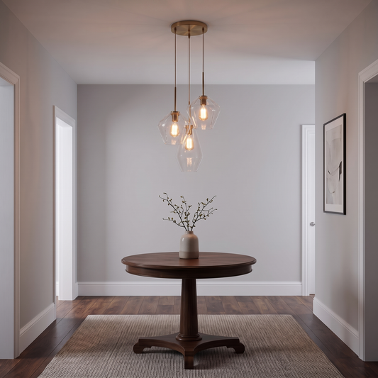 Beatrix faceted glass cluster pendant – glowing above an entry table