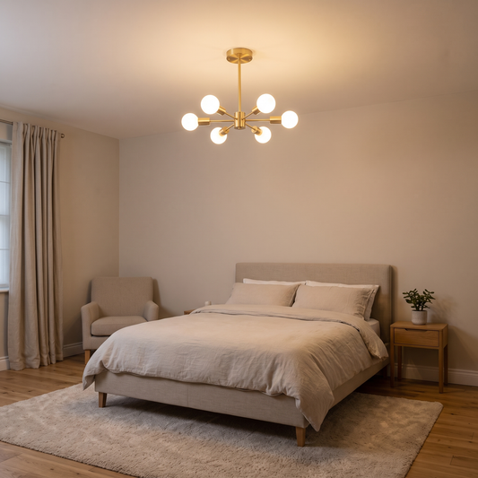 Xavier gold sputnik ceiling light – glowing in a bedroom