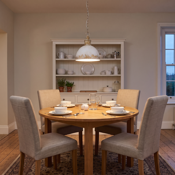 Marisol painted dome pendant – glowing above a kitchen table
