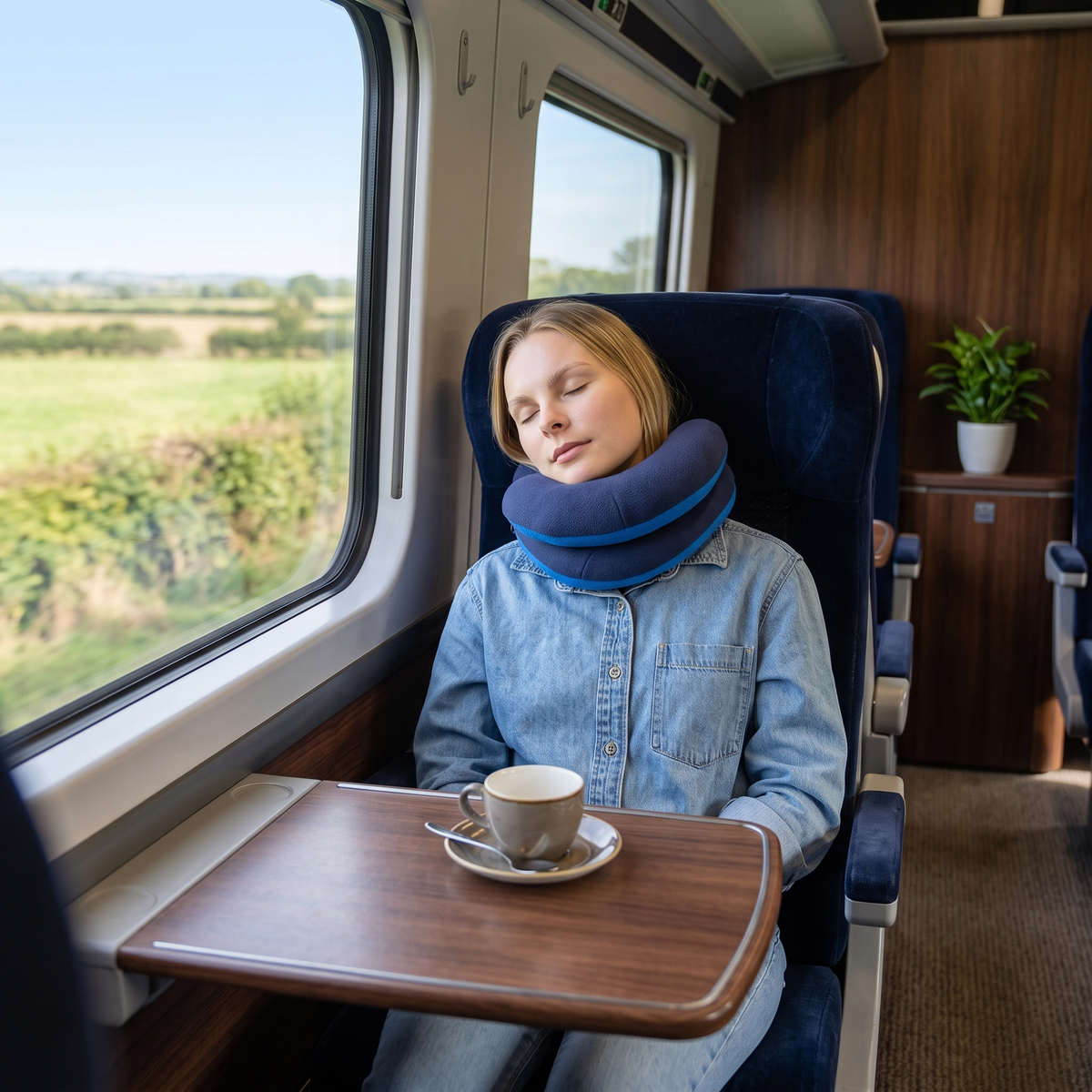 Atticus travel neck pillow – worn on a train