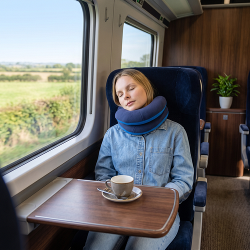 Atticus travel neck pillow – worn on a train