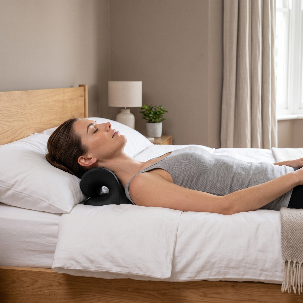 Winifred neck support pillow – in use on a bed