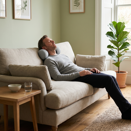 Barnaby neck roll pillow – in use on a sofa
