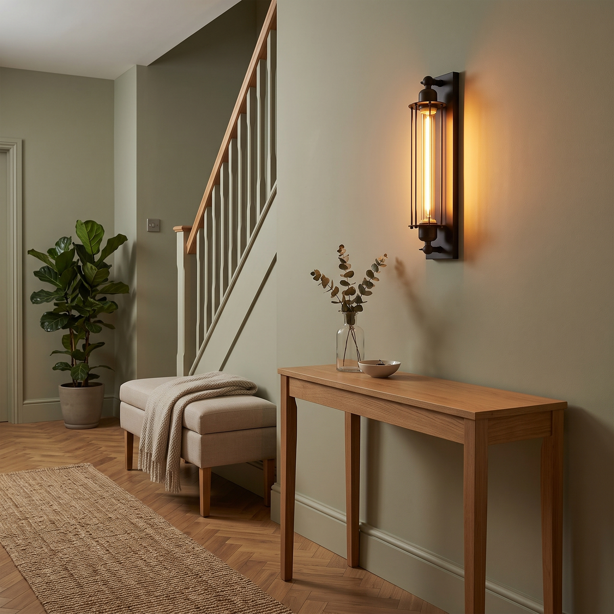 Zinnia vintage wall sconce – glowing in a hallway